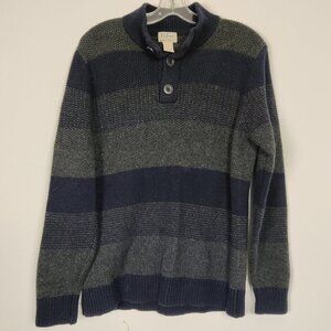 L.L. Bean Men's Sweater Size L Wool Navy Gray Striped Henley Mock Neck Casual